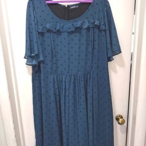 Eshakti Teal Georgette Dress with Black Polka Dots and Flutter Sleeves Size 26
